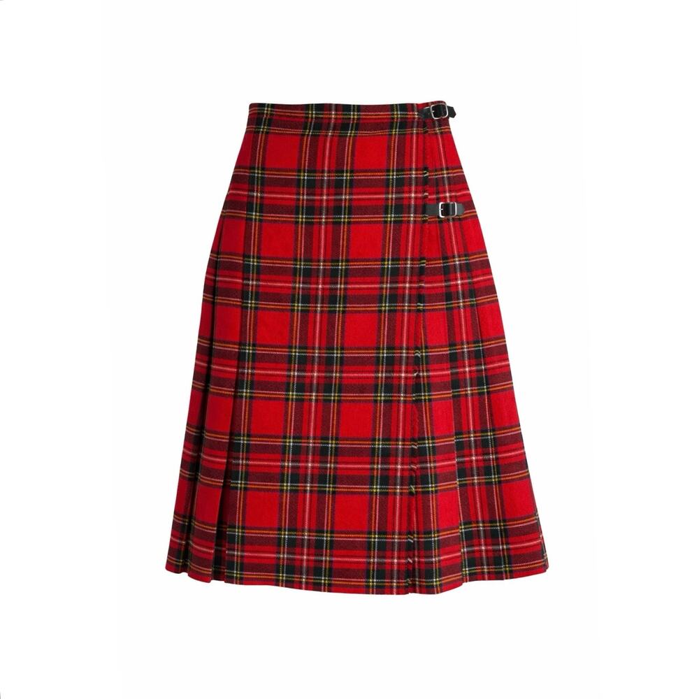 Pure New Wool Tartan Kilt Skirt Red Plaid Pleated Buckle A Line 25” Waist
